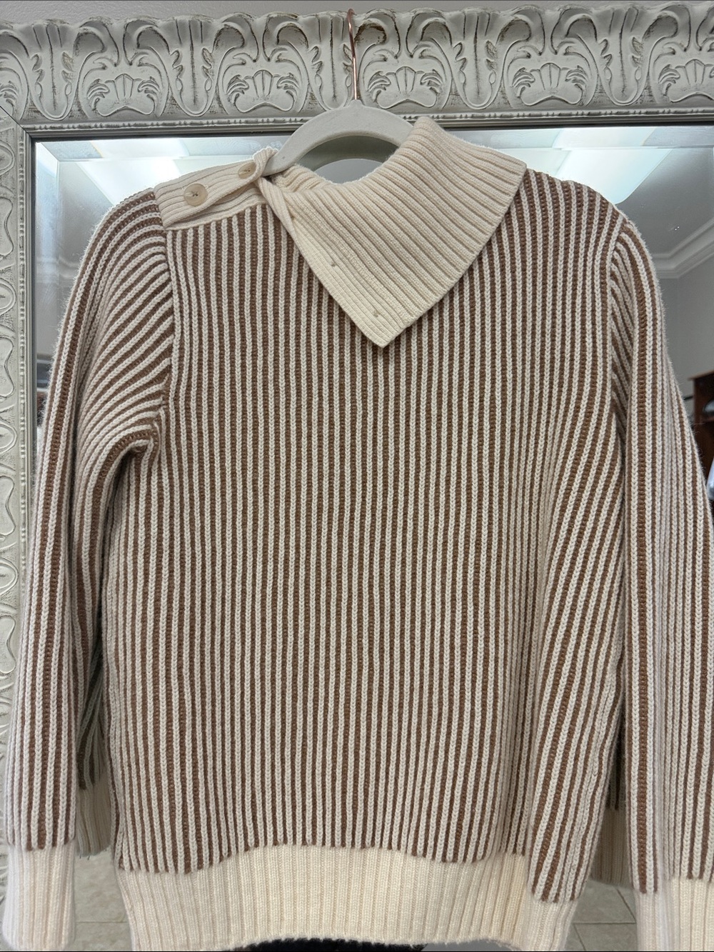 SUMMERSALT Cream & Brown Ribbed Crewneck Sweater with Buttoned Collar